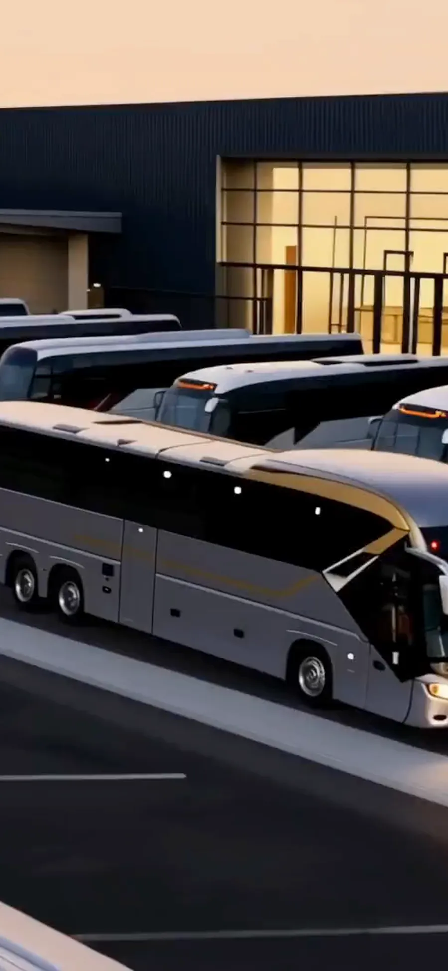 Patio de una terminal al atardecer con una flota de buses intermunicipales estacionados